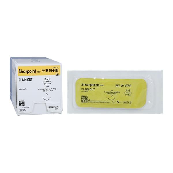 Plain Gut Suture, Reverse Cutting, Size 4-0, 18"/45cm, 13mm, 3/8 Circle, 12/bx