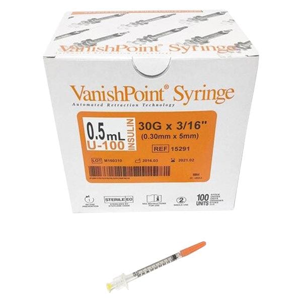 Safety Syringe, Insulin, 0.5ml, 30G x 3/16", U-100, 100/bx, 8 bx/cs