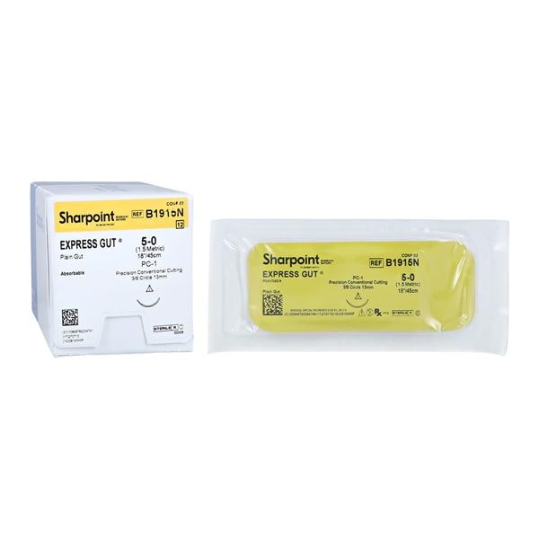 Suture, 5-0, EXPRESS Gut, Plain, Absorbing, Undyed, 18", PC-1 Needle, 12/bx