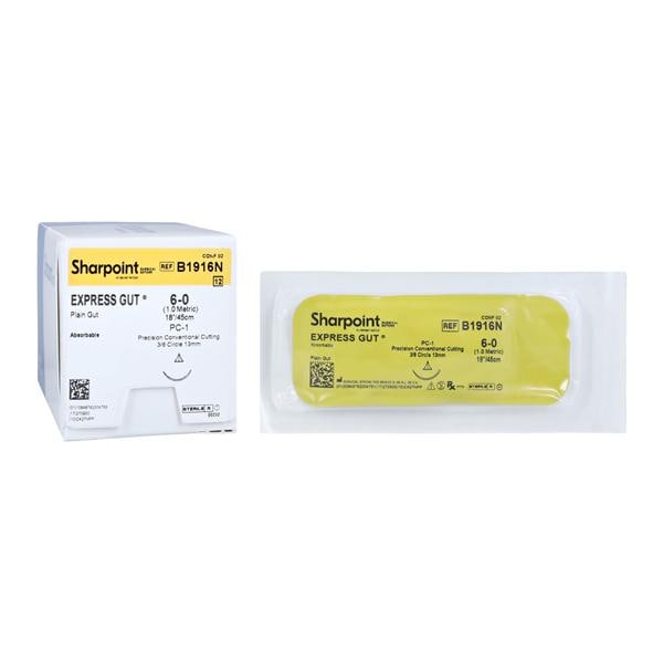 Suture, 6-0, EXPRESS Gut, Plain, Absorbing, Undyed, 18", PC-1 Needle, 12/bx