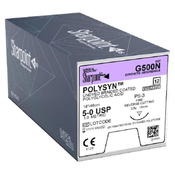 Polyglycolic Acid Suture, Braided, Reverse Cutting, Size 5-0, 18"/45cm, 16mm, 3/8 Circle, 12/bx