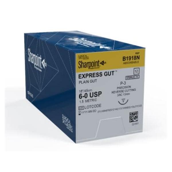 Suture, 6-0, EXPRESS Gut, Plain, Natural, 18", Precision Reverse Cutting, 13mm, 3/8 Circle, P-3 Needle, 12/bx