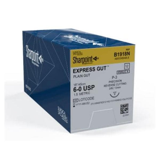 Suture, 6-0, EXPRESS Gut, Plain, Natural, 18", Precision Reverse Cutting, 13mm, 3/8 Circle, P-3 Needle, 12/bx