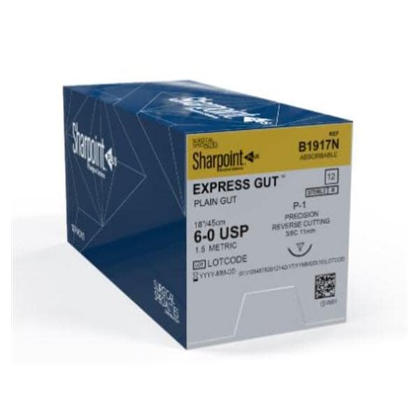 Suture, 6-0, EXPRESS Gut, Plain, Natural, 18", Precision Reverse Cutting, 11mm, 3/8 Circle, P-1 Needle, 12/bx