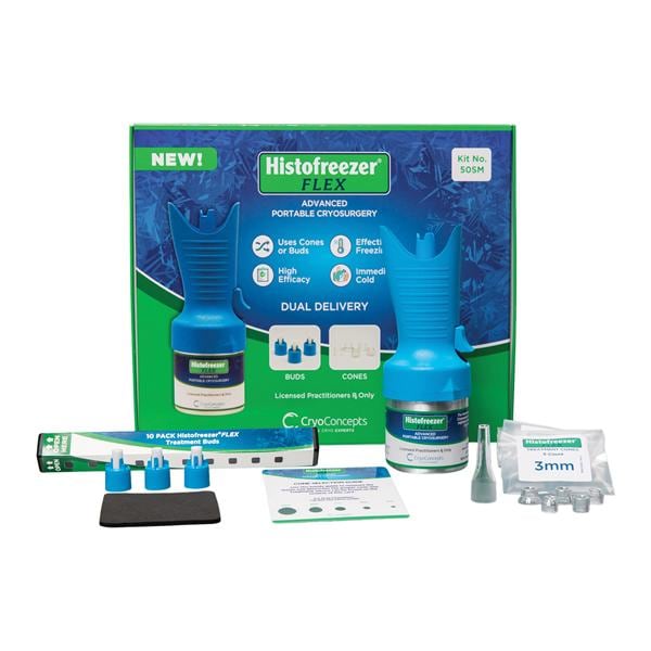 Histofreezer Flex Kit, 50SM, Contains: (1) Canister of Cryogen, (30) Buds, (40) Cones - 3mm, 5mm, 7mm, 9mm, 12mm, (4) Cone Adaptors, (1) Release Clip, (1) Cone Selection Guide, (1) Practice Pad, (1) Instructions for Use, (1) Pre-paid Return Postage Label, for 50 Treatments (US Only) (Item is considered HAZMAT and cannot ship via Air or to AK, GU, HI, MP, PR, VI)
