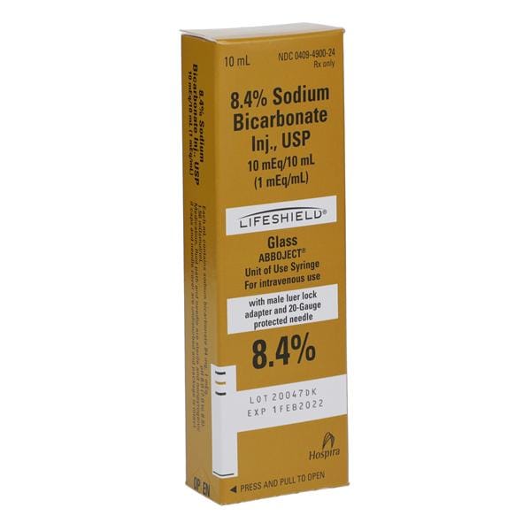 Sodium Bicarbonate Injection, USP (Pediatric), 8.4%, 10 ml LifeShield Abboject Glass Syringe with Male Luer Lock Adapter and 20G Protected Needle, 10/pk (Rx) (Item is Non-Returnable) (We must have your Wholesale Drug License on File before shipping this product) (US Only, Excluding IN and ND)