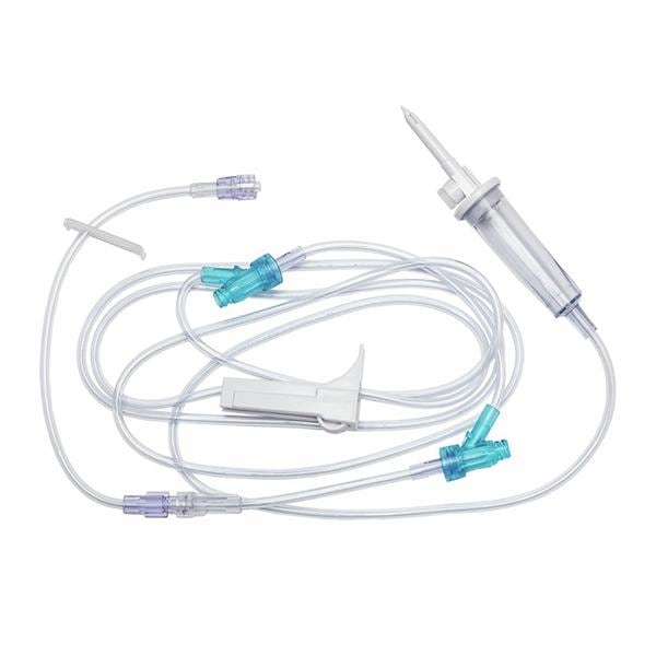 IV Admin Set, Universal Spike, Roller Clamp, Needle-Free Access Ports 20" & 14" Above Distal End, Detachable 8" Extension Set, Slide Clamp, Sliding SPIN-LOCK Connector, DEHP & Latex Free (LF), 15 Drops/mL, 19mL Priming Volume, 97"L, For Non-Hospital Sales, 50/cs (Rx) (Item is Non-Returnable) (Continental US+HI Only, Excluding IN and ND)