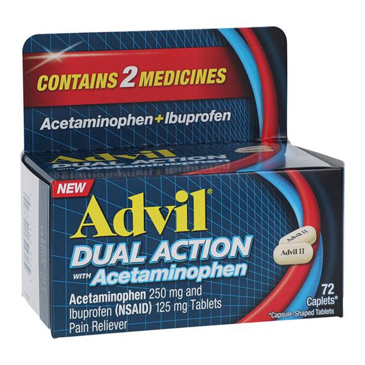 Advil Dual Action Caplets, 250mg Acetaminophen/125mg Ibuprofen, 72/btl, 36 btl/cs (Available for sale in US only) (Products cannot be sold on Amazon.com or any other third Party sites.) (Item is Non-Returnable)