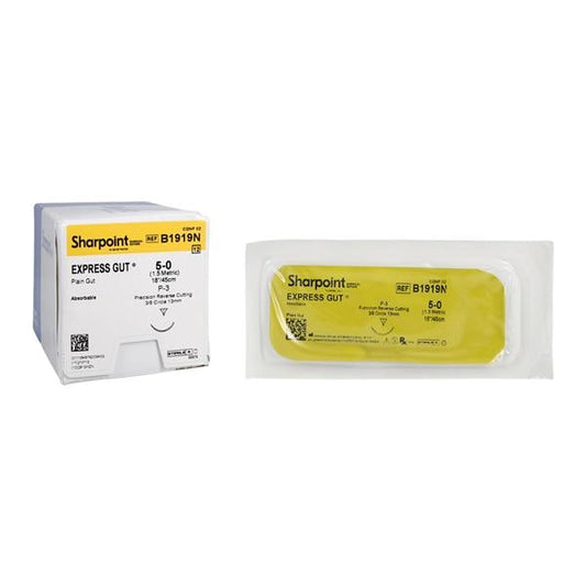 Suture, 5-0, EXPRESS Gut, Plain, Natural, 18", Precision Reverse Cutting, 13mm, 3/8 Circle, P-3 Needle, 12/bx
