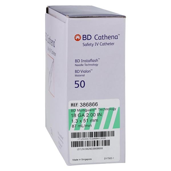 IV Catheter, Safety, 18G x 2", Straight, Multiguard Technology, Instaflash Needle Technology, Vialon Catheter Material, 50/bx, 4 bx/cs (Continental US Only)