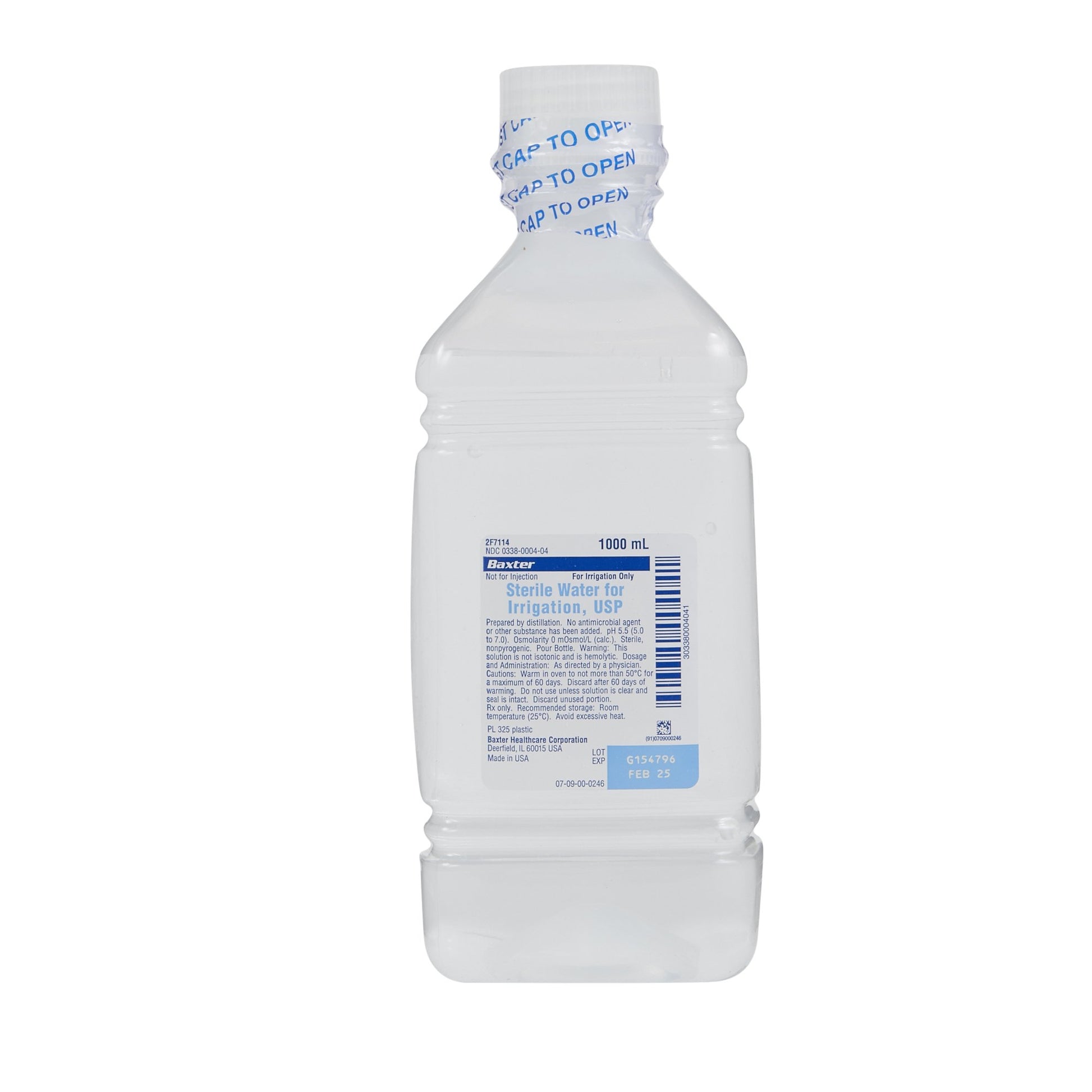 Sterile Water for Irrigation, USP, 1000 ml, Plastic Pour Bottle, Not for Injection, Non-Pyrogenic, Sterile, 12/cs (55 cs/plt) (Rx) (Continental US Only) (Product Access Restricted. Check with your sales rep to verify eligibility)