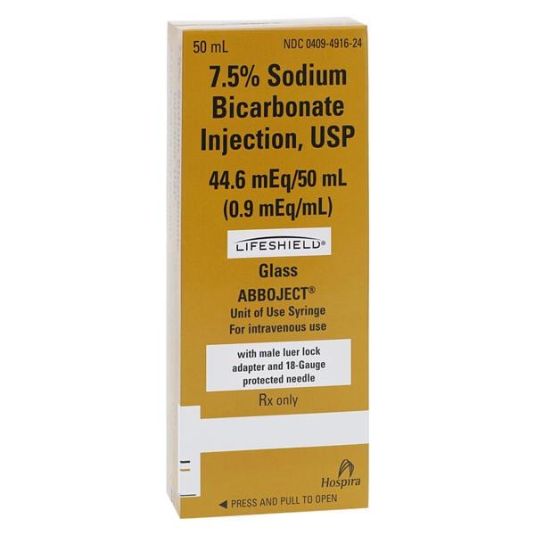 Sodium Bicarbonate Injection, USP, 7.5%, 50 ml LifeShield Abboject Glass Syringe with Male Luer Lock Adapter and 18G Protected Needle, 10/pk (Rx) (Item is Non-Returnable) (We must have your Wholesale Drug License on File before shipping this product) (US Only, Excluding IN and ND)