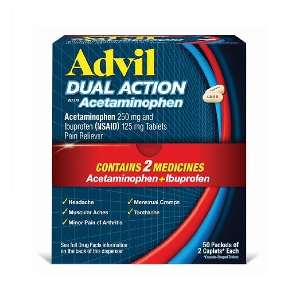 Advil Dual Action Caplets, 250mg Acetaminophen/125mg Ibuprofen, 2 caps/pk, 50 pks/box, 24 bx/cs (Available for sale in US only) (Products cannot be sold on Amazon.com or any other third Party sites.) (Item is Non-Returnable)