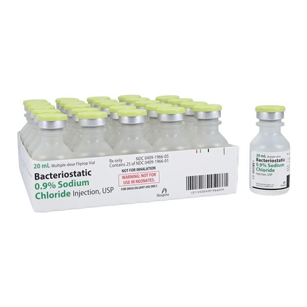 Bacteriostatic 0.9% Sodium Chloride Injection, USP, 20 ml Vial, Multiple Dose, Plastic Fliptop Vial, 25/bx (Rx) (Item is Non-Returnable) (We must have your Wholesale Drug License on File before shipping this product) (US Only, Excluding IN and ND)