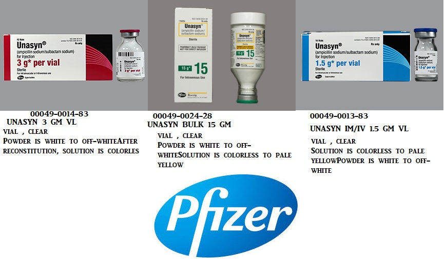 Unasyn (Ampicillin Sodium/Sulbactam Sodium), 15 g Pharmacy Bulk Package (Rx) (Item is Non-Returnable) (We must have your Wholesale Drug License on File before shipping this product) (US Only, Excluding IN and ND)