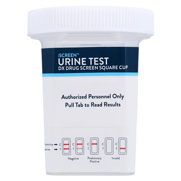 iScreen DX Drug Screen Square Cup Test, Upright, Auto-Activate, for AMP, BAR, BZO, COC, mAMP, MDMA, MTD, OPI 300, OXY, PCP, TCA, THC (CR/NI/PH/SG/OX), CLIA WAIVED, 25/bx (US Only)