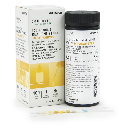 Urinalysis Reagent McKesson Consult™ Bilirubin, Blood, Glucose, Ketone, Leukocytes, Nitrite, pH, Protein, Specific Gravity, Urobilinogen For McKesson 120 / McKesson CONSULT U120 Ultra Urine Analyzer (121-10SG)