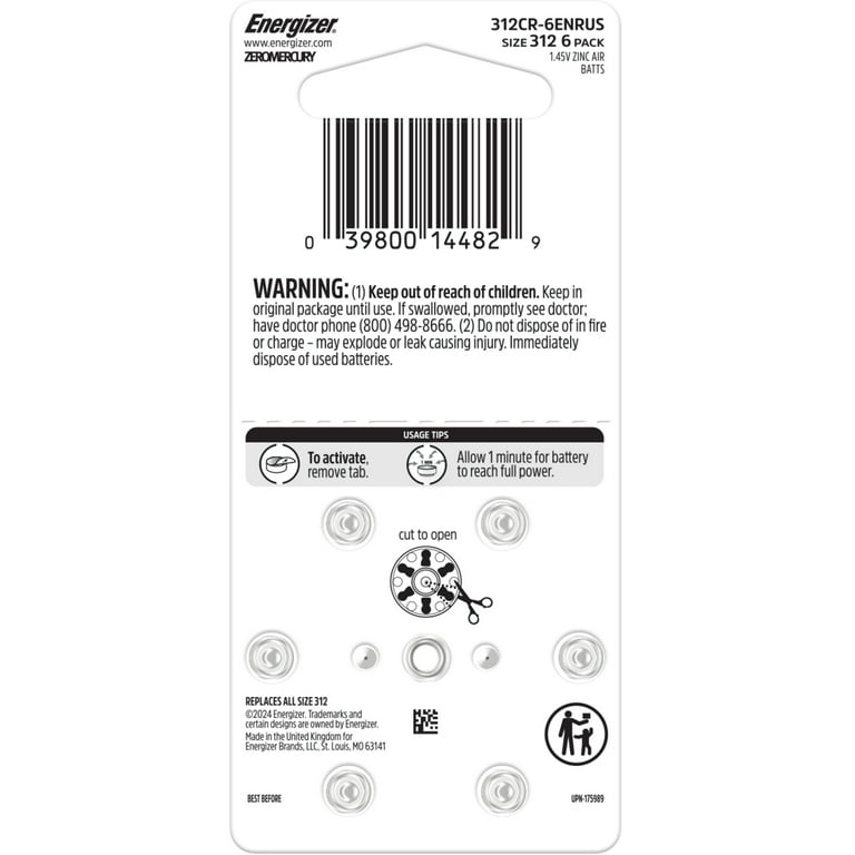Battery, Energizer, Hearing Aid, Size 312, Brown Tab, 8/pk, 24pk/cs