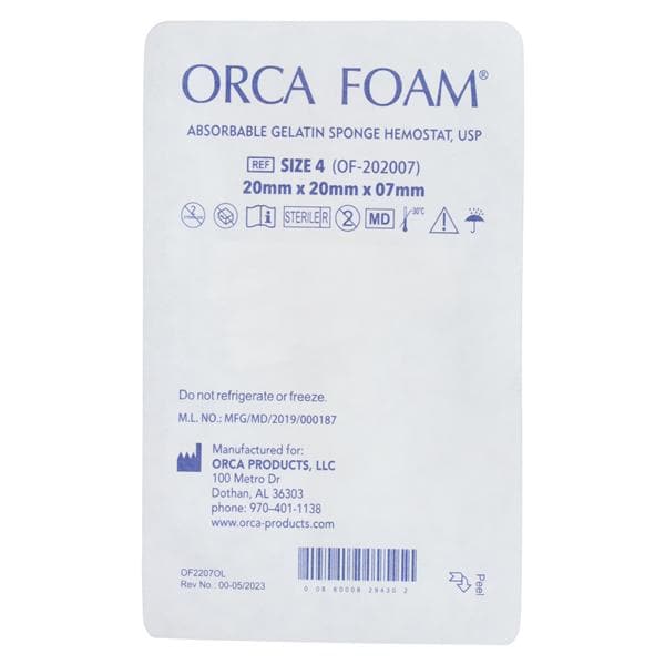 ORCA Foam, Porcine Gelatin Hemostatic Sponges, Size 4, 20mm x 20mm x 7mm, 20/bx (Rx) (US Only) (Products cannot be sold on Amazon or any third Party sites)