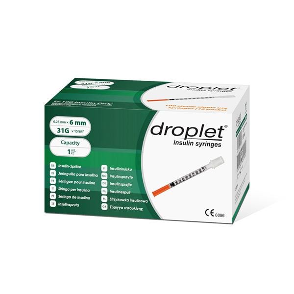 Droplet Insulin Syringe, 1ml, 31G, 6mm, 100/bx, 5bx/cs (To Be DISCONTINUED)