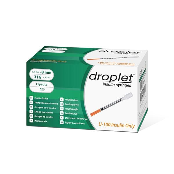 Droplet Insulin Syringe, 1ml, 31G, 8mm, 100/bx, 5bx/cs (To Be DISCONTINUED)