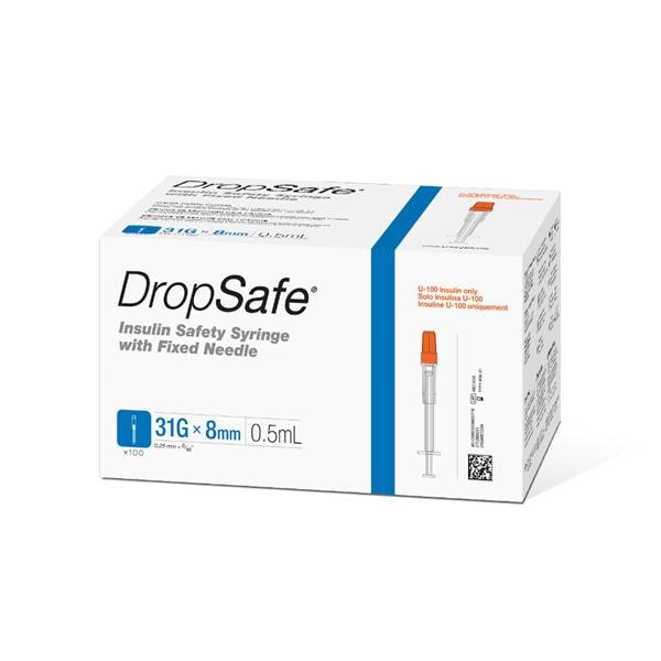 DropSafe Insulin Safety Syringe, 31Gx5/16" 0.5ml, 5/16" Penetration Depth, 100/bx, 8bx/cs