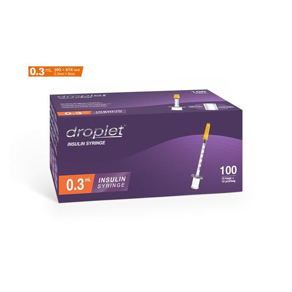 Droplet Insulin Syringe, with Fixed Needle, 0.3ml, 31Gx6mm, 100/bx