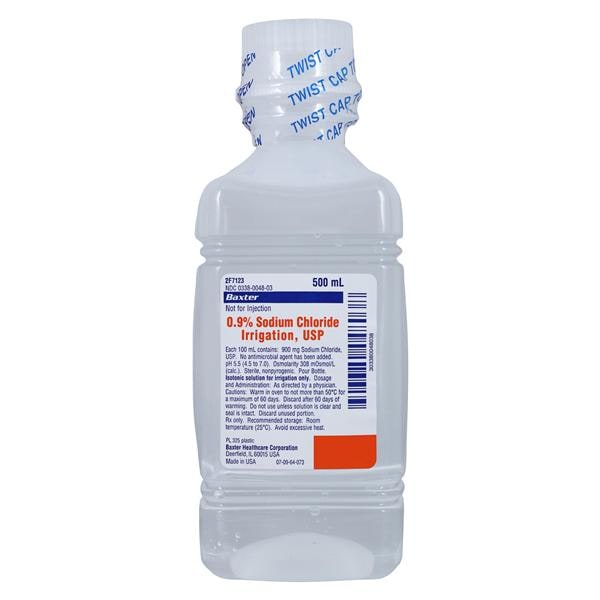 Sodium Chloride Irrigation, 0.9%, USP, 500 ml, Plastic Pour Bottle, Non-Pyrogenic, Sterile, 18/cs (60 cs/plt) (Rx) (Continental US Only) (Product Access Restricted. Check with your sales rep to verify eligibility)