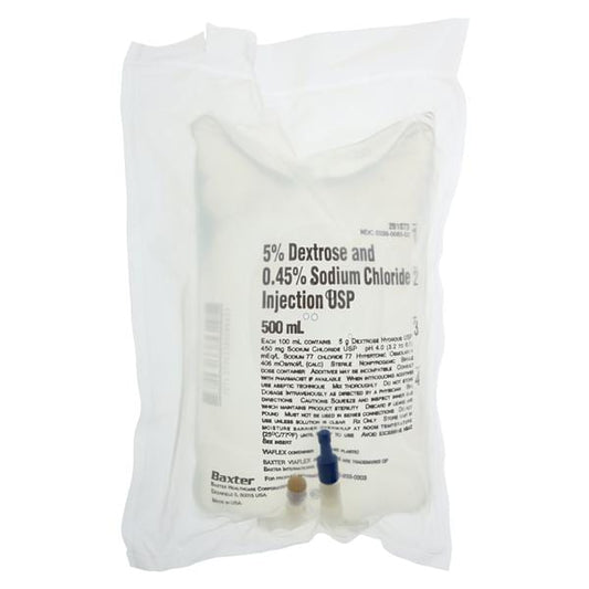 5% Dextrose and 0.45% Sodium Chloride Injection, USP, 500 ml, VIAFLEX Plastic Container, 24/cs (Rx) (Continental US Only) (Product Access Restricted. Check with your sales rep to verify eligibility) (Item is on Manufacturer Allocation - Quantities may Limited)