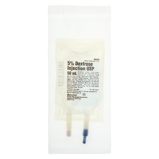 Dextrose Injection, 5% USP, 50 ml, Viaflex Plastic Container, 96/cs (Rx) (Continental US Only) (Product Access Restricted. Check with your sales rep to verify eligibility)&nbsp;&nbsp;<Strong style="color:red">Max weekly quantity allowed: 10</Strong>
