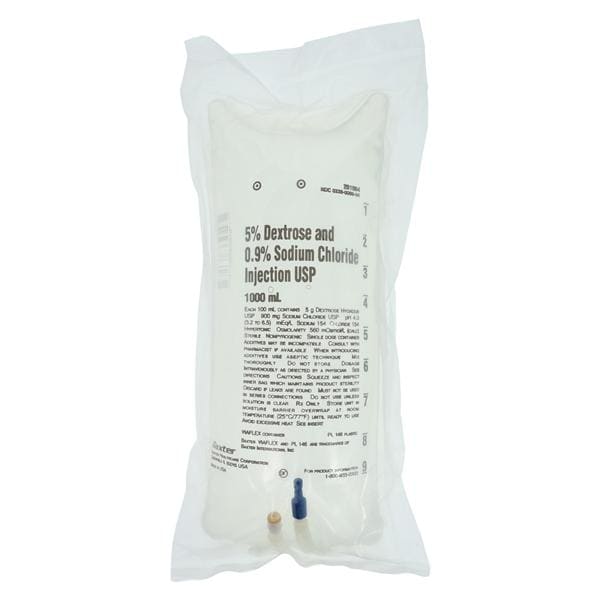 5% Dextrose and 0.9% Sodium Chloride Injection, USP, 1000 ml, Viaflex Plastic Container, 14/cs (Rx) (Continental US Only) (Product Access Restricted. Check with your sales rep to verify eligibility)