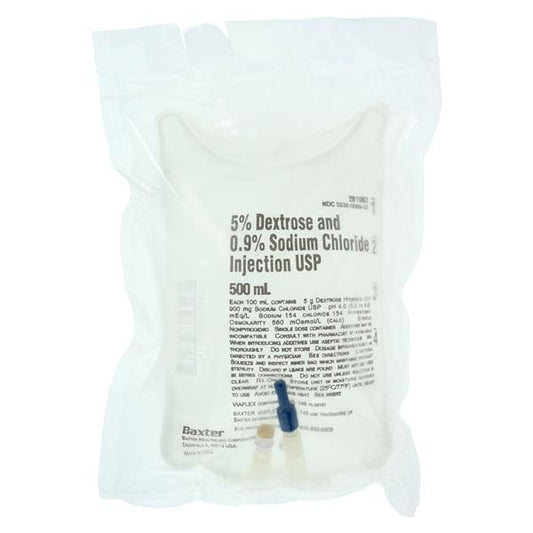 5% Dextrose and 0.9% Sodium Chloride Injection, USP, 500 ml, Viaflex Plastic Container, 24/cs (Rx) (Continental US Only) (Product Access Restricted. Check with your sales rep to verify eligibility)