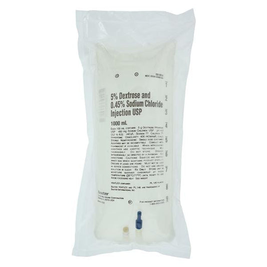 5% Dextrose and 0.45% Sodium Chloride Injection, USP, 1000 ml, Viaflex Plastic Container, 14/cs (Rx) (Continental US Only) (Product Access Restricted. Check with your sales rep to verify eligibility)