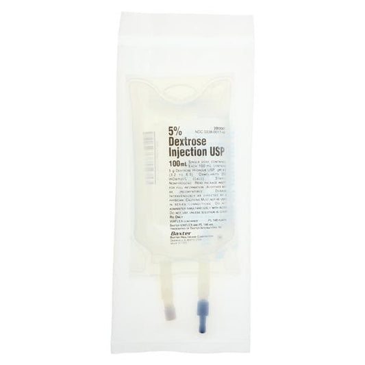 Dextrose Injection, 5% USP, 100 ml, Viaflex Plastic Container, 96/cs (Rx) (Continental US Only) (Product Access Restricted. Check with your sales rep to verify eligibility)&nbsp;&nbsp;<Strong style="color:red">Max weekly quantity allowed: 10</Strong>