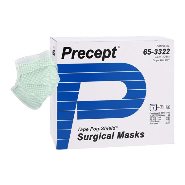 Mask, Surgical, Tape Fog-Shield, with Polyester Ties, Green, ASTM Level 1, 50/bx, 5 bx/cs