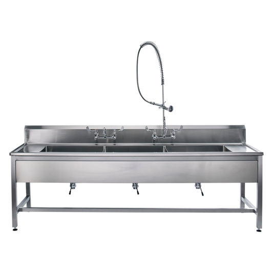 Decontamination Station 116"W x 30"D w/(8") Backsplash, (3) 25"W x 18"H x 10"D Bowls, (1) Waste Lever Drain w/ Overflow, Stainless Steel SQ Tube Base w/Marine Edge, Bowls Etched w/Gallon & Liter Measures (DROP SHIP ONLY)