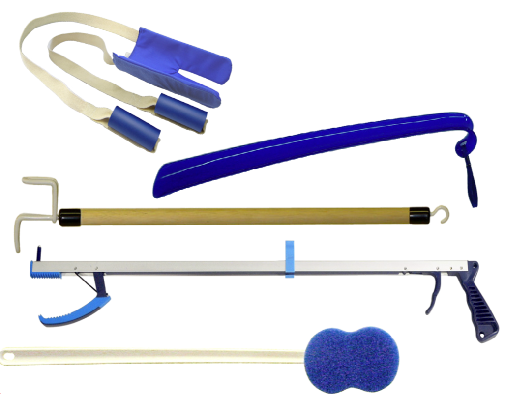 Econo Hip Kit "C" Includes: (1) 27" Ergo Plus Reacher, (1) Deluxe Terry Sock Aid, (1) 27" Dressing Stick, (1) 16 1/4" Plastic Shoehorn & (1) Long Handle Bath Sponge (A handling charge of $9.95 will be added to any order under $25.00) (DROP SHIP ONLY)