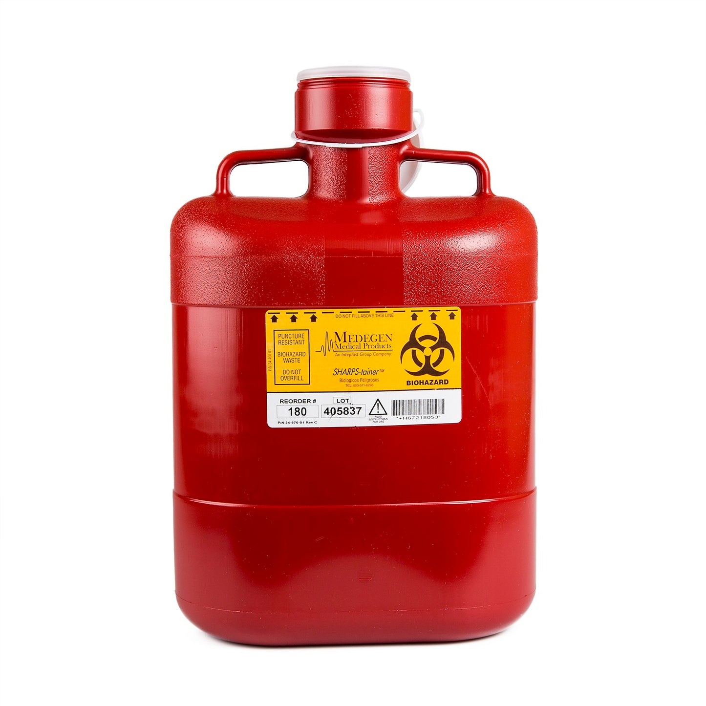 Sharps-Tainers, Large Size, Locking Screw Cap, 10" x 6" x 15", 10 Qt, Translucent, Print Label: Biohazard, Biohazard Symbol, 12/cs