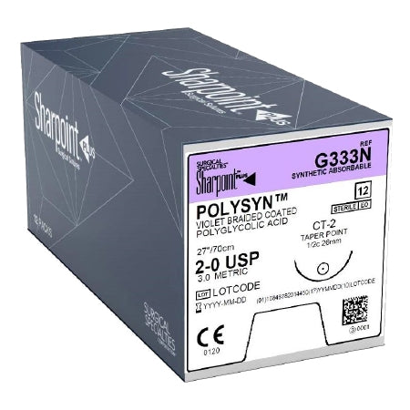 Polyglycolic Acid Suture, Violet Braided, Taper Point, Size 2-0, 27"/70cm, 26.5mm, 1/2 Circle, 12/bx