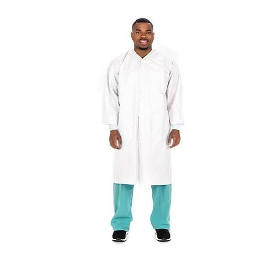 Lab Coat, SMS, Disposable, Knit Collar, Knee Length, Snap Closure, Pockets, White, 2X-Large, 10/pk, 10 pk/cs (Continental US Only)