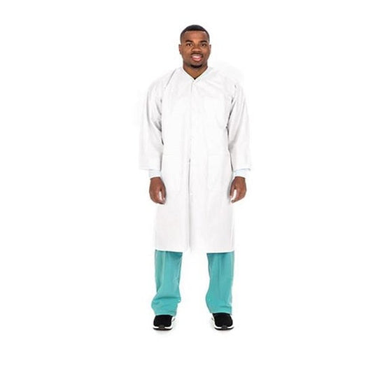 Lab Coat, SMS, Disposable, Knit Collar, Knee Length, Snap Closure, Pockets, White, 2X-Large, 10/pk, 10 pk/cs (Continental US Only)