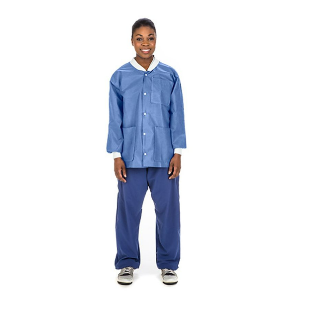 Lab Jacket, SMS, Disposable, Knit Collar, Hip Length, Snap Closure, Pockets, Blue, Medium, 10/pk, 10 pk/cs (Continental US Only)