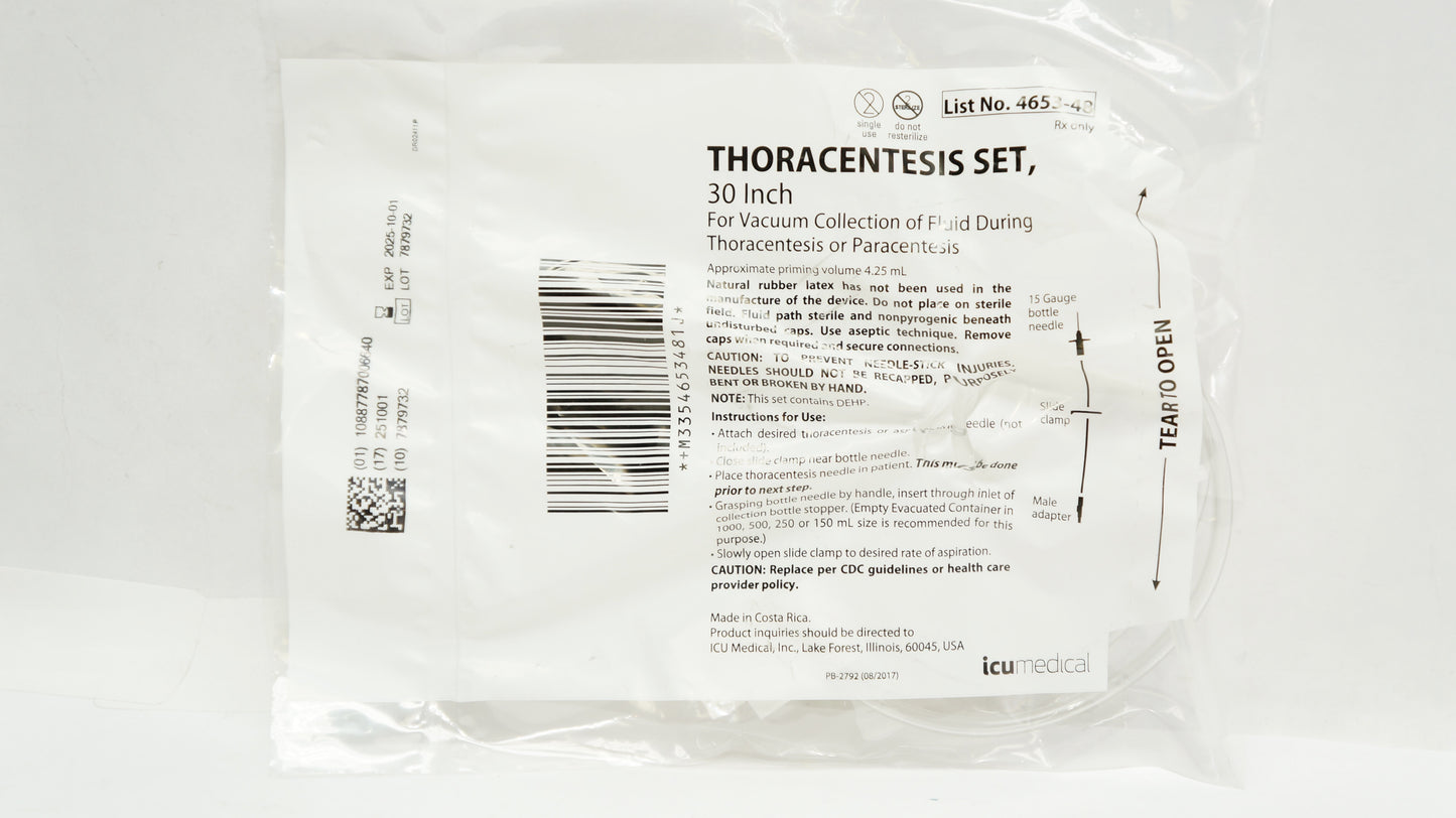 Thoracentesis Set, Includes: 15g Bottle Needle, 30" Set with Male Adapter, Slide Clamp, 4.25ml PV, Non-Sterile, 48/cs