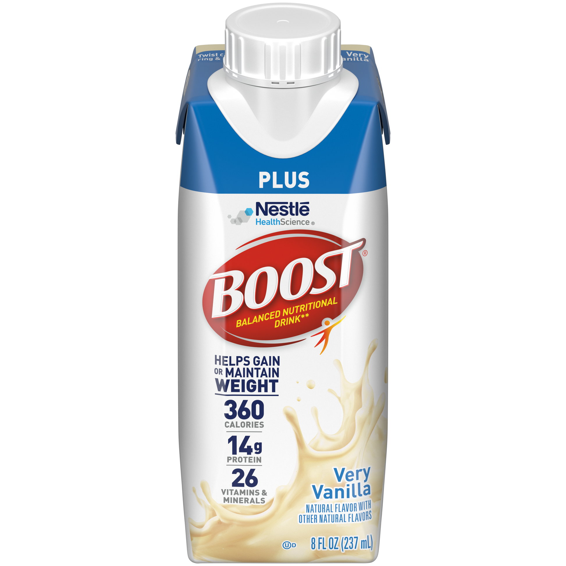 BOOST PLUS, Very Vanilla, 8 fl oz Carton, 24/cs (128 cs/pallet) (Minimum Expiry Lead is 90 days) (Continental US Only) (Nestle products cannot be sold online without Nestle's prior written permission) (Products cannot be sold on Amazon.com or any other 3rd party site)