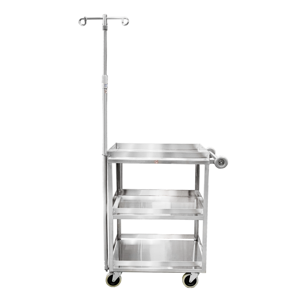 Utility Cart, Light Duty, 28 1/4"W x 35 3/4"H x 16 1/8"D, (3) Shelves with Guardrail and 2 Hook IV Pole (DROP SHIP ONLY)