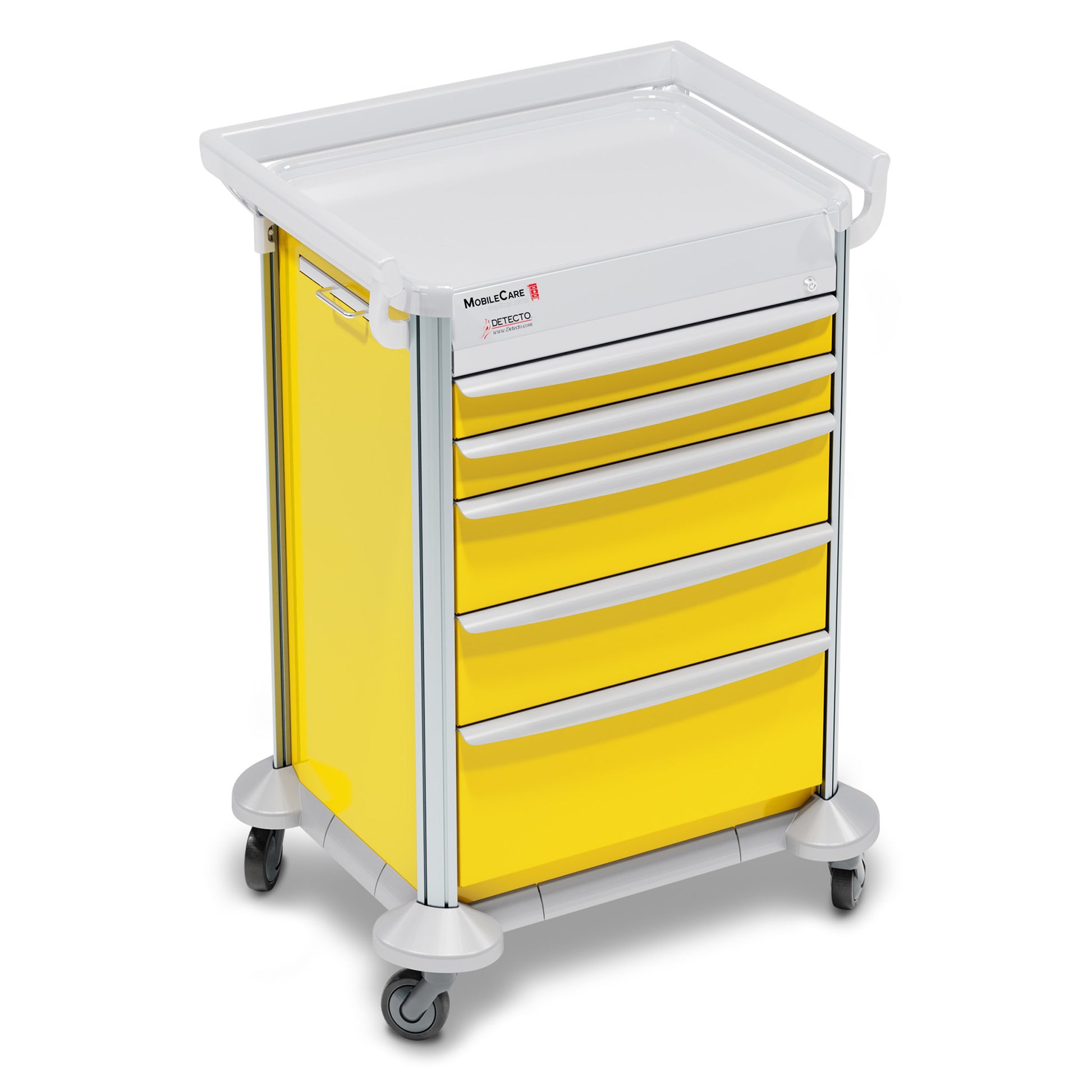 Mobile Car Medical Cart, Yellow, Keyed Lock, 5 Drawer (33669), (3) Sided Hand Rail, 23in Wide Drawer (DROP SHIP ONLY)