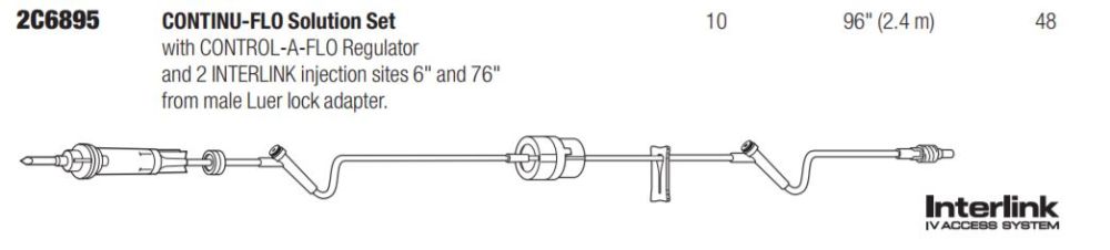 Continu-Flo Solution Set, Control-A-Flo Regulator, (2) Interlink Injection Sites 6" and 76" from Male Luer Lock Adapter, Backcheck Valve, 10 drops/ml, 96" Length, 48/cs (Rx) (Continental US Only) (Product Access Restricted. Check with your sales rep to verify eligibility)