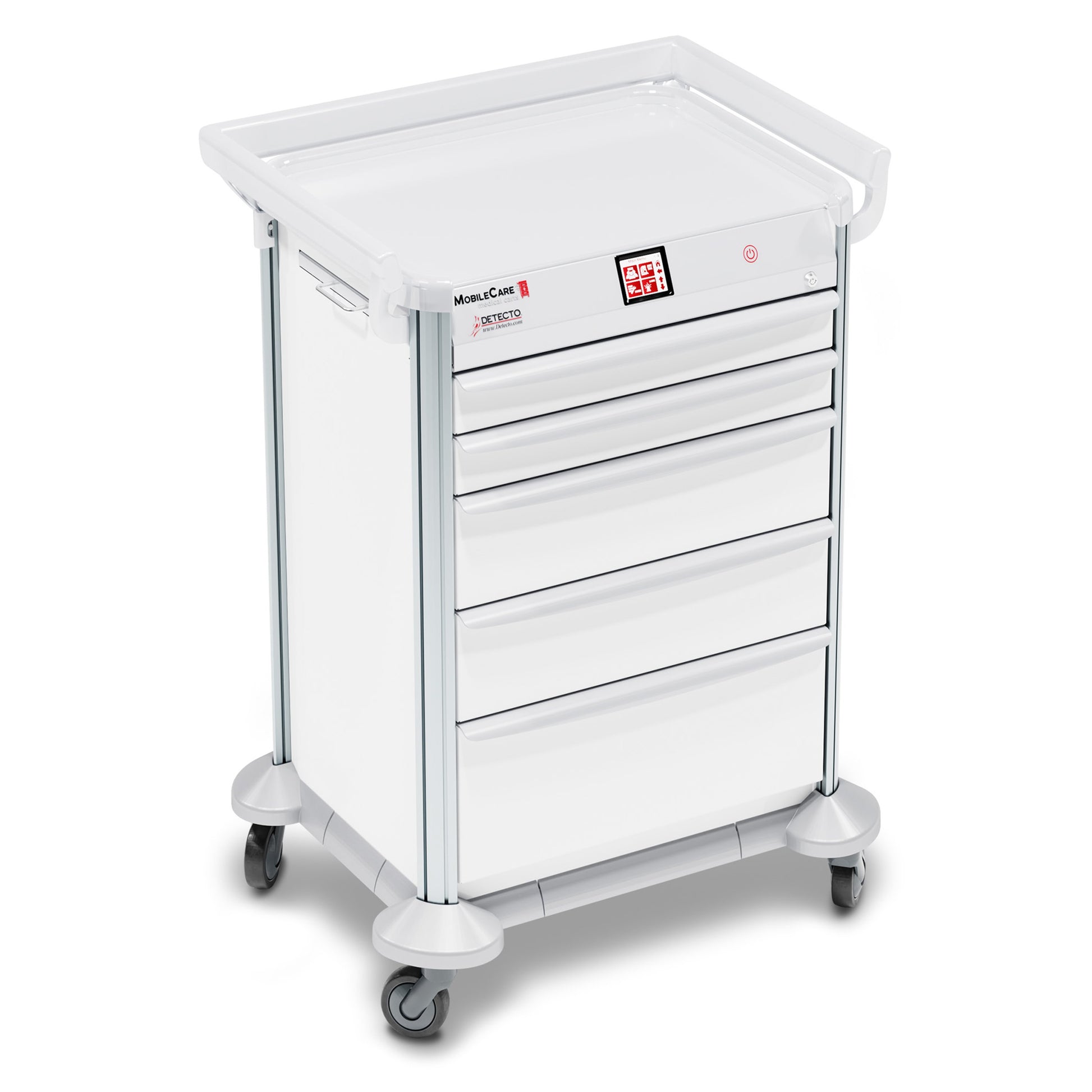 Mobile Car Medical Cart, White, Electronic, Individual Drawer Locks, Individual Drawer Sensors, (5) Drawer (33669), (3) Sided Hand Rail, 23in Wide Drawer (DROP SHIP ONLY)