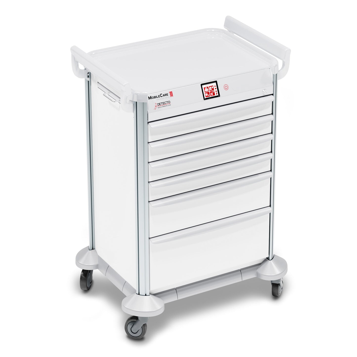 Cart, Medical, DETECTO, MobileCare Series, Electronic - Individual Drawer Lock/Drawer Sensor, White Frame, 23in W Drawer, 6 Drawer w/Soft Closure Slides, 3/3/3/3/6/9 Drawer Configuration, Utility Shelf, Full Assemble, 360 Degree Rotation, Handrails, Solid Aluminum Extrusion (DROP SHIP ONLY)