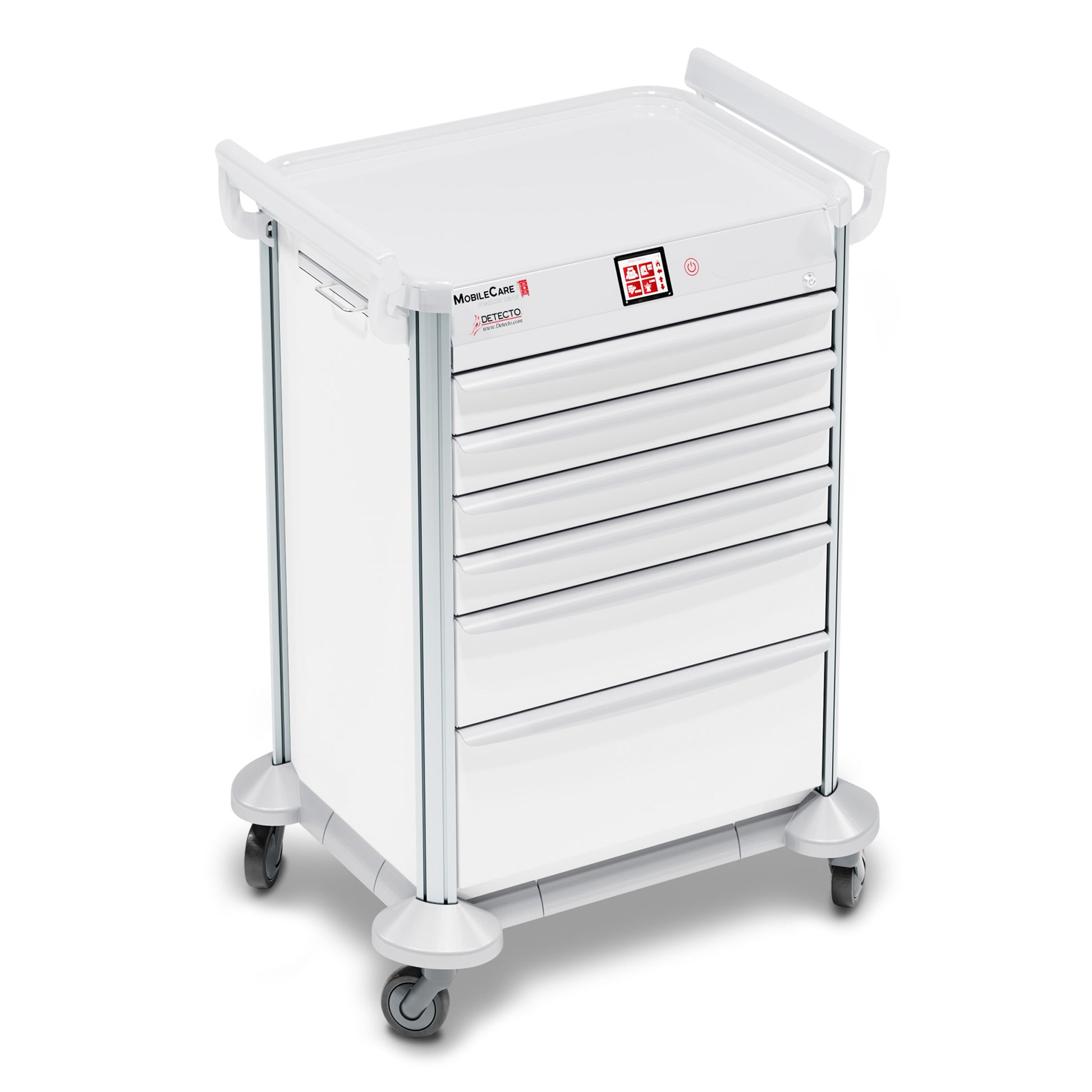 Cart, Medical, DETECTO, MobileCare Series, Electronic - Individual Drawer Lock/Drawer Sensor, White Frame, 23in W Drawer, 6 Drawer w/Soft Closure Slides, 3/3/3/3/6/9 Drawer Configuration, Utility Shelf, Full Assemble, 360 Degree Rotation, Handrails, Solid Aluminum Extrusion (DROP SHIP ONLY)